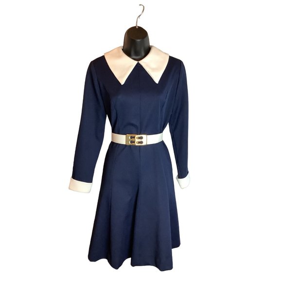1960's-70's Montgomery Ward Navy & White Dagger Collar Dress - Picture 9 of 10